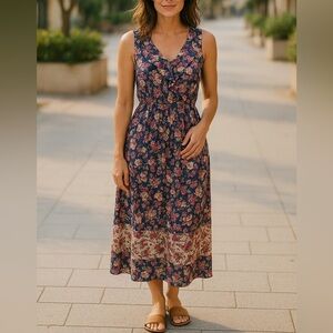 DOE & RAE BLUE/PINK FLORAL SLEEVELESS RUFFLE V-NECK CRUISE WEAR MAXI DRESS SZ S